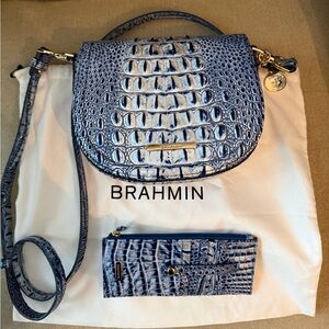 Brahmin Navy Croc-Embossed Flap Crossbody with Matching Wallet